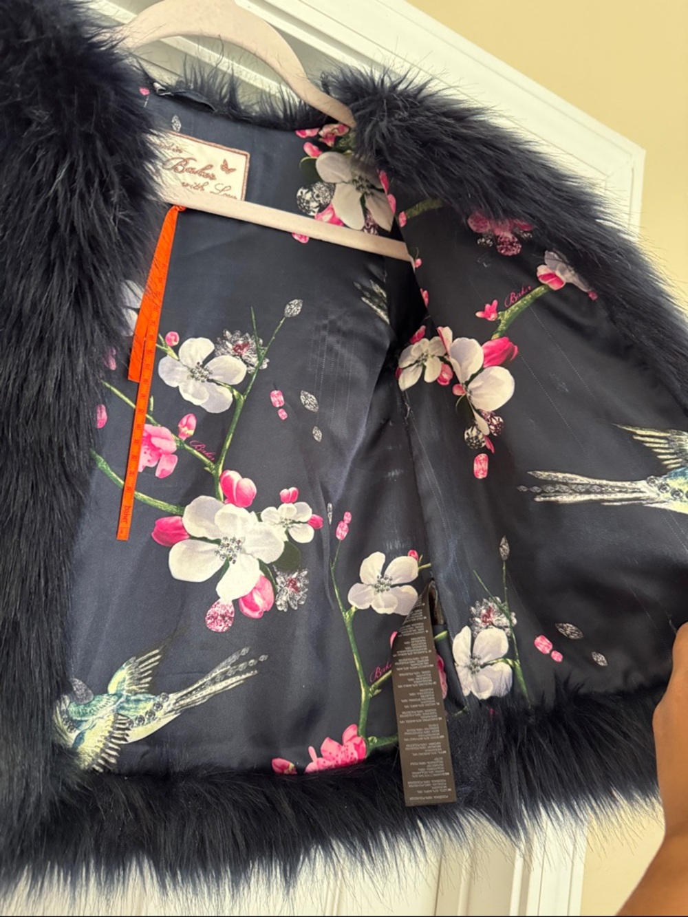 Bakers Black Faux Fur Cape with Floral Lining / Royal Blue - Picture 5 of 9